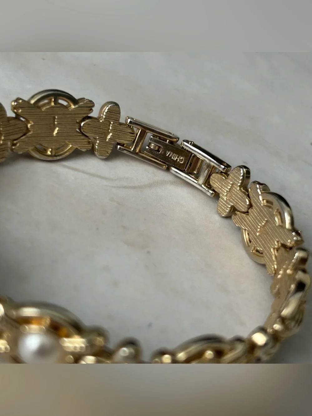 Gold-Tone Pearl and Crystal Link Bracelet